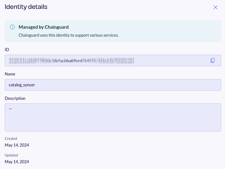 Screenshot of the catalog-syncer identity's entry in the Chainguard console, showing its ID, name, an description.